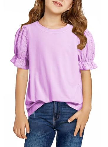 Image of DOKOTOO KIDS Girls Summer Shirts Cute Hollow Out Puff Short Sleeve Tops Casual Crewneck Tee Blouse 6-15 Years