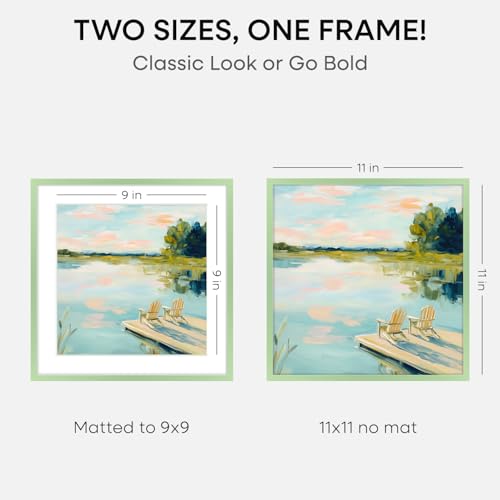 Image of Homeforia 11x11 Sage Green Picture Frame, High End Metal 11 by 11 Square Frames with Mat 9 x 9 Photo, 11by11 Poster Frame Matted to 9x9 inch Art, Wall Hanging Frame, Tempered Glass, Wall Kit, Set of 2
