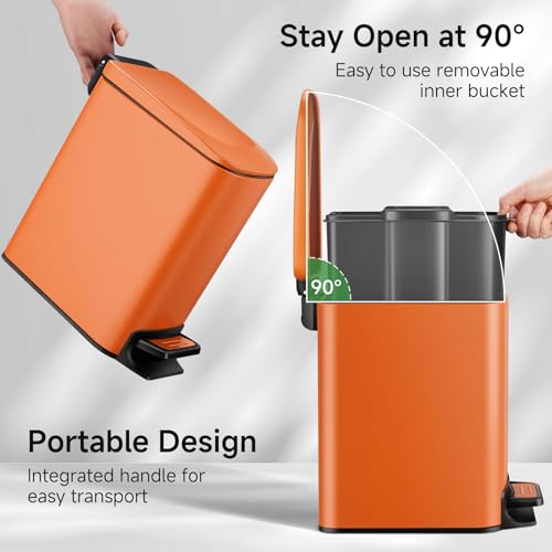 Image of TIPGO Small Bathroom Trash Can with Lid, 1.6 Gal, Soft Close, Orange | Foot Pedal, Soft Quiet Lid, 5.9'' Slim for Narrow Space, Stainless Steel, Anti-fingerprint, Removable Inner Bucket, Odor Seal