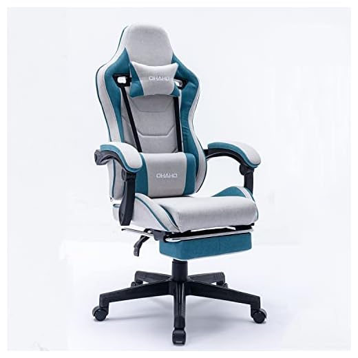 OHAHO Gaming Chair Racing Office Desk Chair Linen Gaming Chairs with Footrest for Adults Ergonomic Swivel Game Chair with Headrest and Lumbar Massage Support (Grey/Blue)