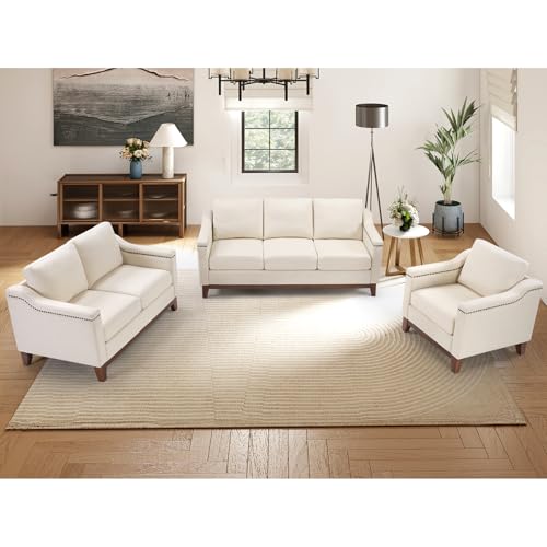 Image of HAOMARKETS Modern 3 Piece Sofa Set with Rivets, Included Chenille Accent Chair, Loveseat 2-Seater Sofa and Upholstered 3-Seater Couches with Solid Wood Legs, Living Room Furniture Set,Beige