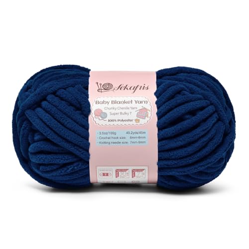 Image of 3.5 oz /49.2 yds Chunky Chenille Yarn for Crocheting, #7 Super Bulky Baby Blanket Yarn for Crocheting Soft, Fluffy Velvet Yarn for Knitting, Amigurumi Crochet Yarn for Crafts (Navy Blue)