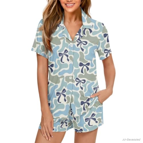 Image of Renewold Women's Short Sleeve Pajama Set Button Down Sleepwear with Notch Collar Soft Lounge Top and Shorts with Pockets