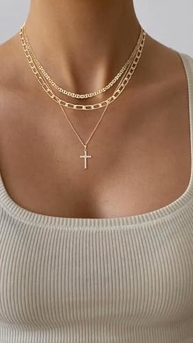 Layered Gold Necklaces for Women Dainty 14k Gold/Silver Plated Stackable Choker Necklaces for Women Trendy Cuba Cross Circle Pendant Necklaces Set Jewelry Gifts for Women3