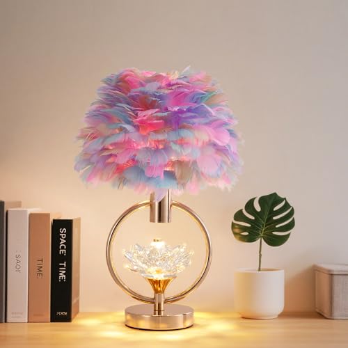 ZYLEISENBAO Colorful Feather Lamp 17IN Unique Crystal Feather Bedside Nightstand