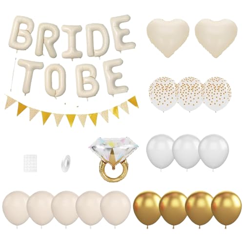 Bride to be Deko Ballon Cremeweiß 16 Zoll Buchstaben + Stern/Herz + 16 Latex Ballons + Diamantring + Banner Hochwertig Aluminiumfolie/Latex Ideal für Bridal Shower & Brautparty