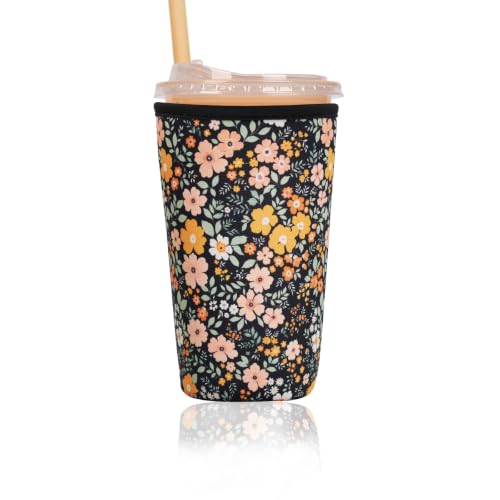 Image of Reusable Insulated Sleeve for Iced Coffee Cup, Coffee Neoprene Sleeve for Cold & Hot Drinks, Beverage Holder for Iced Coffee (Midnight Daisies, Large: 32oz)