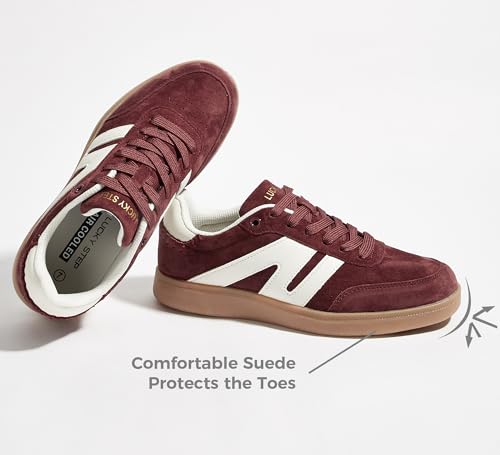Image of LUCKY STEP Women Retro Gum Sole Fashion Sneakers | Genuine Leather Classic Tennis Skate Walking Shoes Anti Slip Trainers