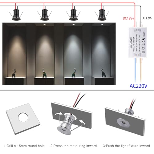 HHTUN 902 30°LED mini Spotlight,DC12V 1W,80Ra,75lm,Small Size,Embedded Installation,Suitable for Cabinet Lighting Such as Wine cabinets,Shoe cabinets,etc.,with Power Supply(4000K,Black,9Pack) by HHTUN - Image 4