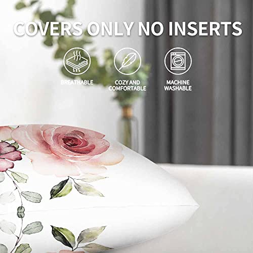 Beabes Pillow Cases Watercolor Pink Rose Flowers Leaves Pack Of 2,Decorative Throw Pillow Covers For Couch Bedroom Living For Girl Boy 18X18 Inch #TOP4