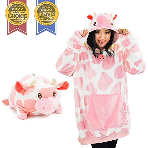 Image of Wearable Blanket Hoodie for Adults - Oversized Plush Hoodie with Sleeves & Pocket, 2-in-1 Comfy Blanket Pillow, Strawberry Cow