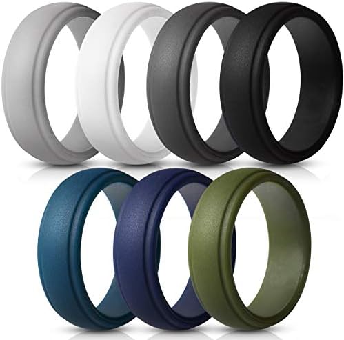 Saco Band Silicone Rings Men - 7 Pack / 1 Ring Rubber Wedding Bands (Dark Blue, Olive Green, White, Grey, Dark Grey, Black, Dark Teal, 7.5-8 (18.2mm))