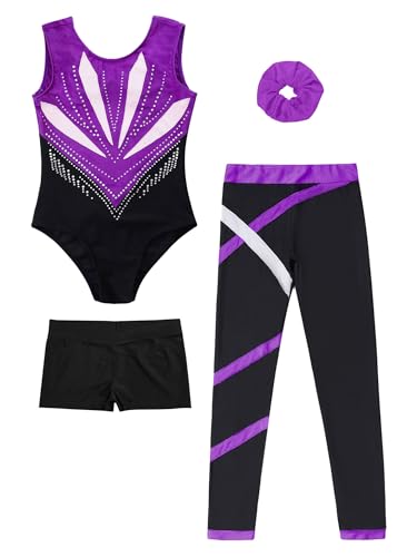 Gymnastics 4-Piece Set for Kid Girls Sleeveless Sparkly Rhinestones Leotard with Leggings Shorts and Hair Band3