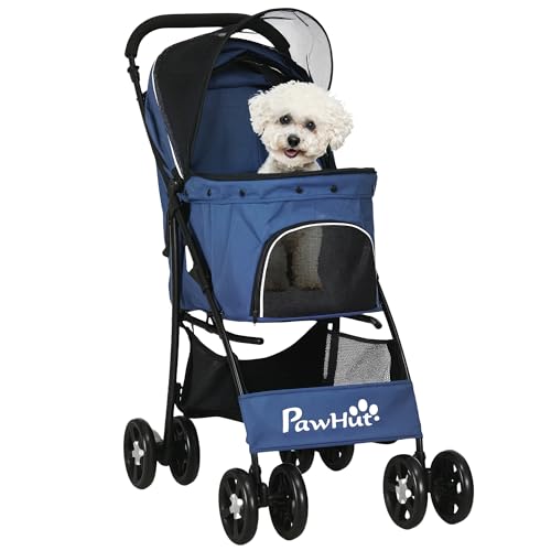 PawHut Carrito para Perros Plegable Cochecito para Mascotas Carrito para Perros Pequeños con Cesta Capota Ajustable Ventana de Malla y 2 Ruedas Universales Carga 15 kg 81x48x99 cm Azul Oscuro