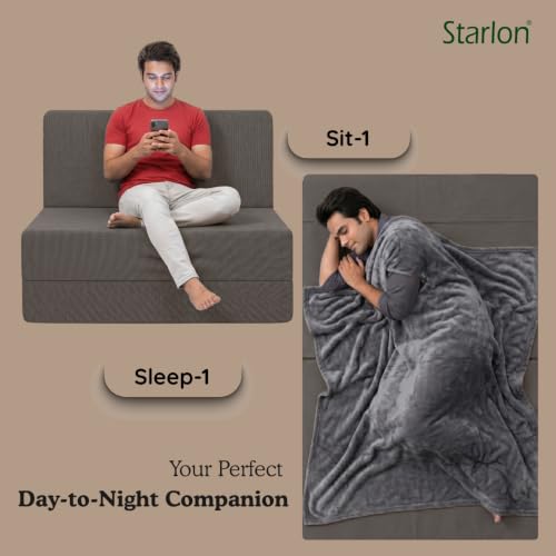 Image of Starlon 3 Seater Sofa Cum Bed Foldable 3-in-1 Sofa Bed with 1 Year Warranty, Washable Jute Fabric Cover & 2 Waves Pillows | Guest Bed | Coffee Brown 5x6.5 Ft
