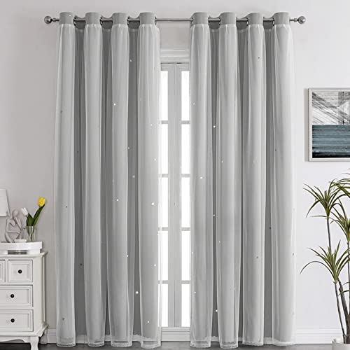 Nyescasa Verdunklungs Vorhänge Kinderzimmer Vorhang Doppellagige Gardienen mit Höhlen Sterne mit Voile Ösenschal für Wohnzimmer Schlafzimmer Mädchen Dekoschal 2er Set 130x100cm(H×B) Rosa