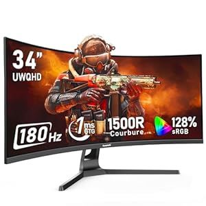 Gawfolk Écran PC Ultra Large 34 Pouces 1500R incurvé 180Hz Gaming Computer Moniteur,21:9 UWQHD(3440x1440)，128% sRGB，FreeSync，HDR，178 ° Angle Vue，DisplayPort、HDMI，VESA 75 * 75MM-Noir