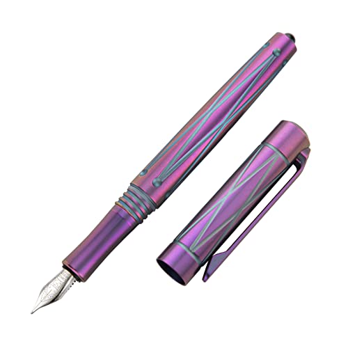 Tacray Titanium Fountain Pen With Glass Breaker Tool, Deluxe Signature Fountain Pen With B Point Schmid Nib Made In Germany (W/O Ink), Purple Blue Fountain Pen Comes With Black Gift Box #TOP13