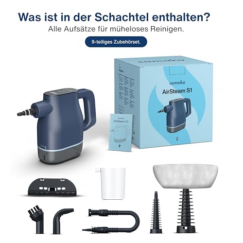 Samako AirSteam S1 Handdampfreiniger 1350W – Schnelles Aufheizen für gezielte Reinigung in Küche, Bad, Fenster & Polster – mit 7 Aufsätzen, Touchscreen & Kindersicherung
