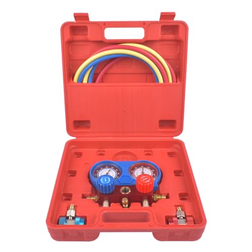 Handor R134a Refrigeration Kit Brass Auto Serivice Kit A/C Manifold Gauge Set with 4FT w/Case, 1/4" SAE Fittings