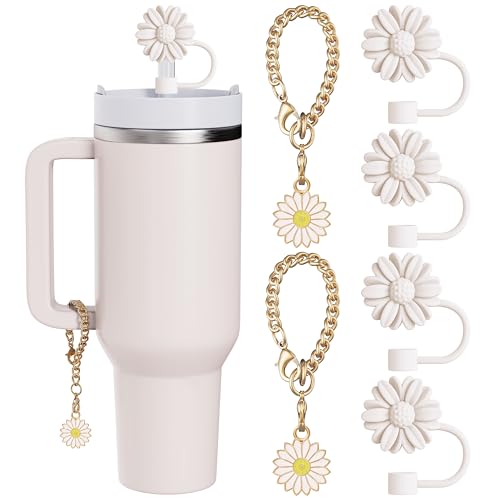 6 Set Compatible with Stanley Cup Accessories, 4 Flower Straw Toppers Compatible with Stanley Straw Cover 9-10 mm, 2 Pcs Cute White Flower Charms for Tumbler with Handle