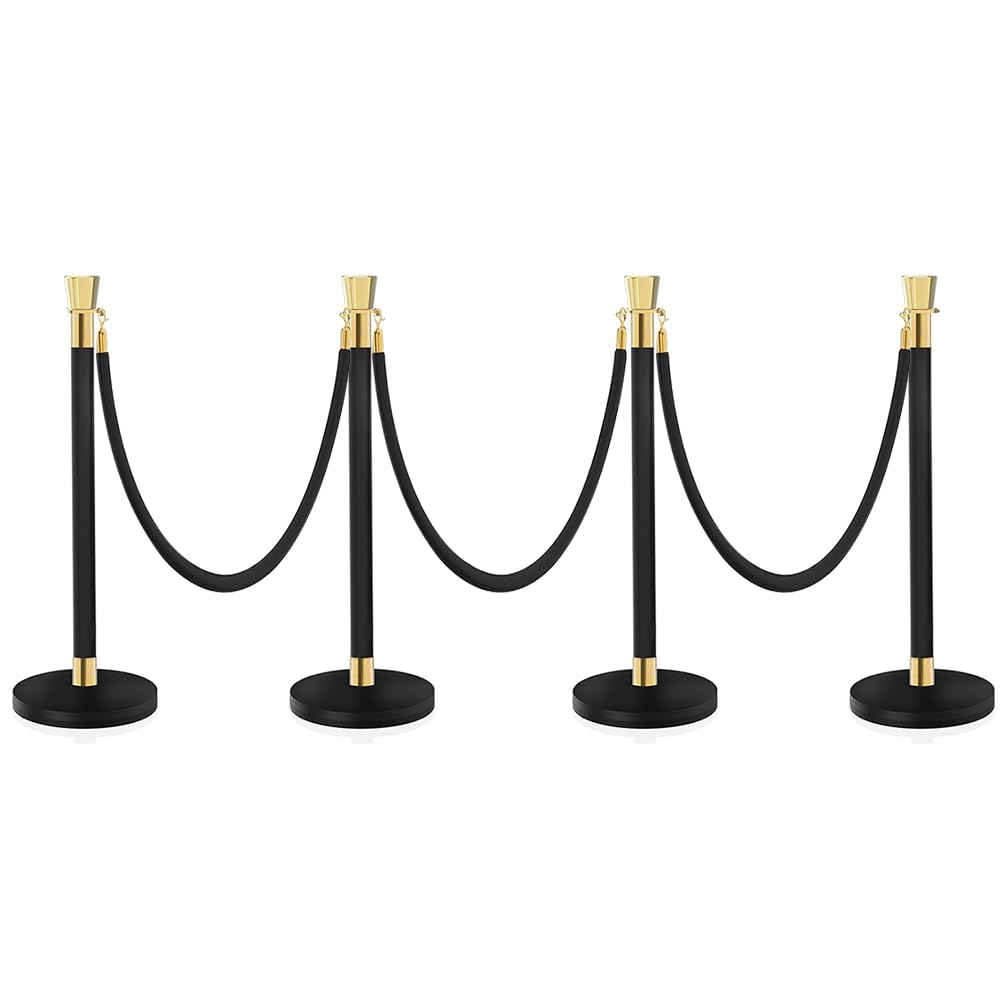 Juego de cuerdas de terciopelo rojo de 5 ft/1,5 m, divisor de cuerdas Stanchion, divisor de línea de barrera de taco de color negro y dorado con base de plástico rellenable, aeropuerto (4)