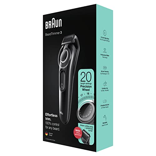 Braun Recortadora de Barba Series 3, Máquina Cortar Pelo, Máquina de afeitar, maquina de Cortapelos Hombre con Láminas Afiladas de larga duración, 20 Ajustes de Longitud, 3 BT3322, Negro