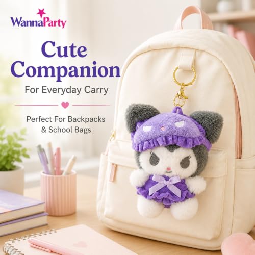 Image of Wanna Party Cute Kawaii Plush Keychain, Soft Black & White Character Bag Charm with Purple Outfit
