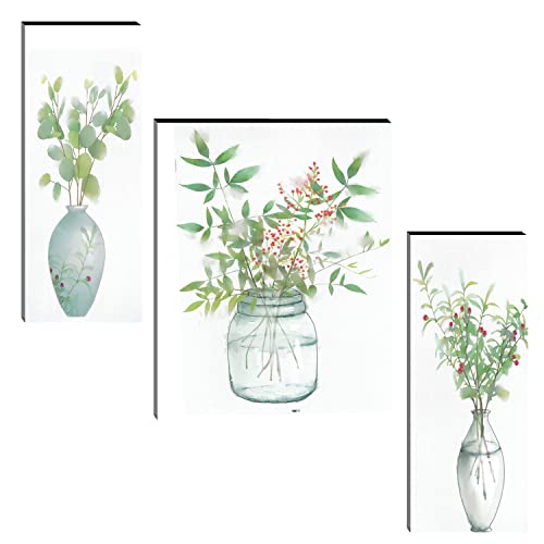 Image of Indianara Set of 3 Flowers in Vases MDF Art Painting (3221FL) without glass 4.5 X 12, 9 X 12, 4.5 X 12 INCH