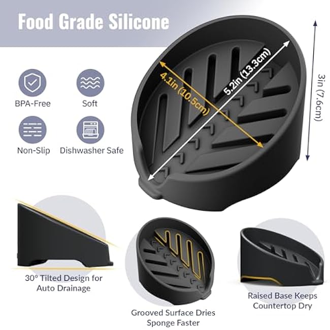 NiHome Silicone Sponge Holder Compatible with Scrub Daddy Mommy Sponges for Kitchen & Bathroom, Auto Draining Organizer, Holds Multiple Sponges & Cleaning Tools, Food-Grade, Dishwasher Safe (Black)