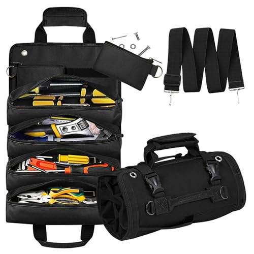 Tool Organizer Bag, Foldable Tool Roll Up Bag Organizer w/ 2 Detachable Pouches, Heavy Duty Tool Storage Organization for Mechanic Carrying Toolbag, Dad Men Birthday Father Day, Gifts for Him (Black)