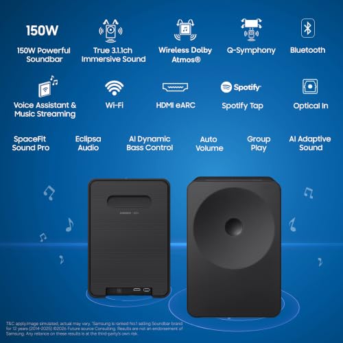 Image of Samsung Music Studio 150 W 3.1.1 ch with Dot Design, Wireless Dolby Atmos, Wireless Music Streaming, Spotify Tap, Alexa Built-in, AirPlay, HDMI eARC, Wi-Fi, Bluetooth, Optical in (HW-LS70H /XL, Black)