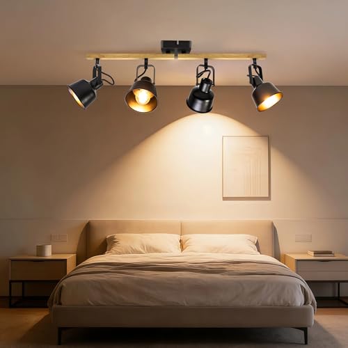 Deckenstrahler 4 Flammig, Schwenkbar 350°, Vintage Deckenlampe LED Deckenleuchte, E14 Fassung Industrial Holzmaserung Spotbalken für Küche, Wohnzimmer, Schlafzimmer, Schwarz (Ohne Leuchtmittel)