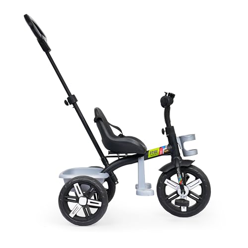 Image of Luusa Elite 500 Kids Tricycle with Parent Push Handle & Safety Seat Belt - Premium 3 Wheel Toddler Cycle with Storage Basket & Comfortable Backrest for 1-4 Years Boys & Girls (Black Silver