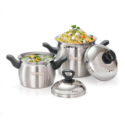 Image of Sumeet ISI Certified Stainless Steel Cook & Serve Pineapple Shape Handi /Cooking Pot with Steel Lid |Induction and Gas Compatible | Set of 2Pc - Capacity - 2000 & 4000ml -Dia - 17 & 20cm, Silver