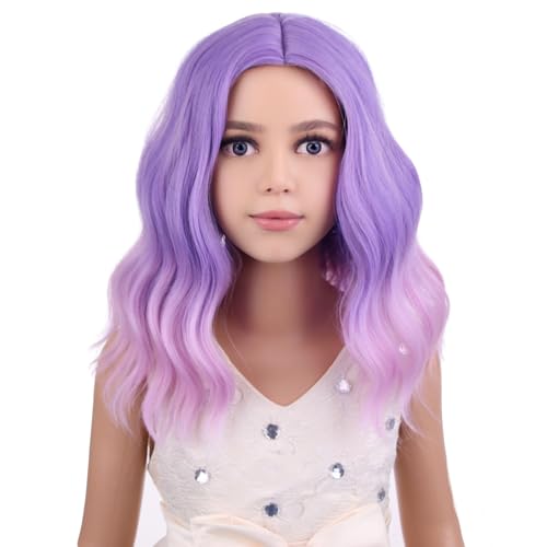 Image of PATTNIUM Kids Child Purple Wig Short Curly Wavy Lavender Purple Wig for Gilrs Light Purple Pink Wigs Cosplay Halloween Party Costume Synthetic Hair Wigs