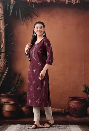 Image of Ichaa Women's Pure Cotton Embroidered Round-Neck Ethnic Kurta with 3 /4th Sleeve for Daily and Office Wear, in Plus Sizes