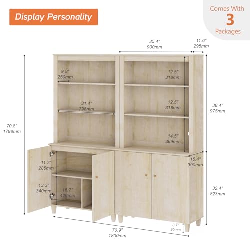 Image of WAMPAT 71 inch Tall Bookcase with Doors & Storage Cabinet, 2 Column Modern 5-Tier Bookshelf with Adjustable Shelf, 71 inch Wide Wooden Display Book Shelf for Home Office, Living Room, Bedroom, Light Oak