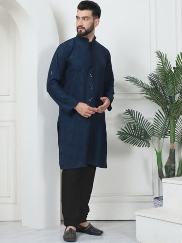 Image of SOJANYA (Since 1958 Men's Cotton Silk Sequinned Neck Embroidered Kurta with Black Pyjama
