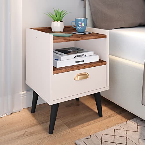 Kit 2 Mesas de Cabeceira Nicho Jogo de Mesinhas Quarto 1 Gaveta Puxador Concha Lauren Estilo Retrô -