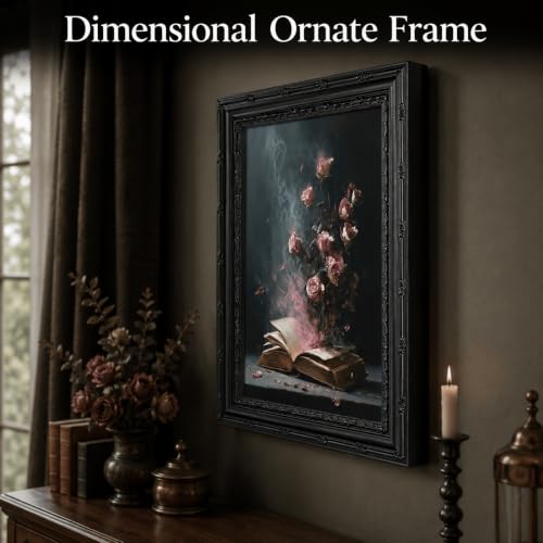 Black Framed Wall Art Dark Moody Victorian Bookish Canvas Print Romantic Gothic Floral Still Life Picture Decor Dark Academia Pink Roses Gallery Artwork for Living Room Bedroom 9x11 inch - image 3