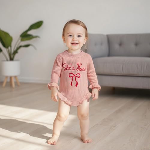 Baby Girl Fall Outfit Newborn Romper Knit Sweater She's Here Embroidery Long Sleeve Ruffle Bodysuit Sweatshirt 0-12M2