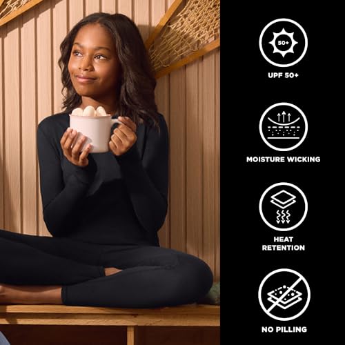 Image of Cuddl Duds Heavyweight 2 Piece Sets Base Layer Thermal Underwear for Girls | Winter Clothing, Fleece Lined Long Sleeve Top & Leggings, Soft Lounge Set for Cold Weather, Moisture Wicking Heat Retention