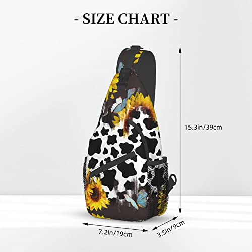 Sunflower Cow Print Sling Bag Crossbody Backpack,Cute Cow Fur Texture With Vintage Sunflower And Blue Butterfly Chest Bag Casual Shoulder Backpack Animal Cowhide Travel Hiking Daypack For Men Women #TOP2