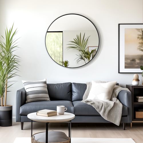 Image of USHOWER 36 Inch Round Bathroom Mirrors for Over Sink | Circle Mirror with Metal Frame, Black Wall Mirror for Vanity, Entryway, Living Room, Hallway and Bedroom Decor