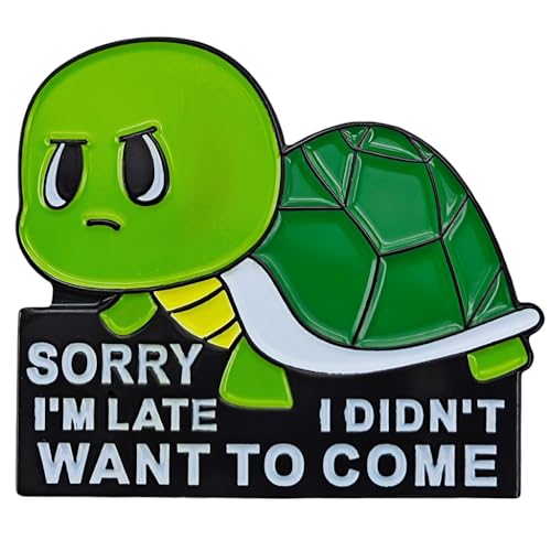 Image of Sorry I'm Late Enamel Pin, Green Turtle Cartoon Animal Pin for Backpacks, Hats, Bags