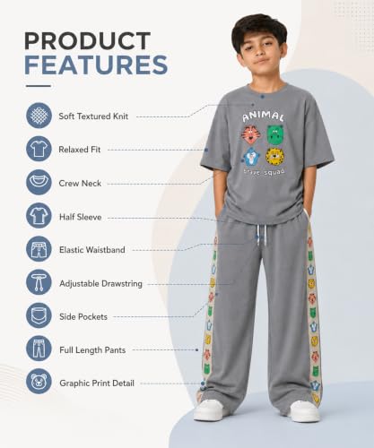 Image of SHODOX Boys Poly Blend Relaxed Fit Co-Ord Set | Printed T-Shirt & Track Pants | Soft Breathable Stylish Summer Casual Comfort Wear for Boys