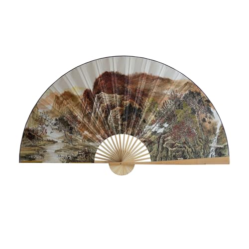 YYUINU Ventilador Decorativo De Pared, Ventilador Plegable De Pared con Diseño De Paisaje, Ventilador Artesanal,A-Height 50cm Unfolded Length 90cm