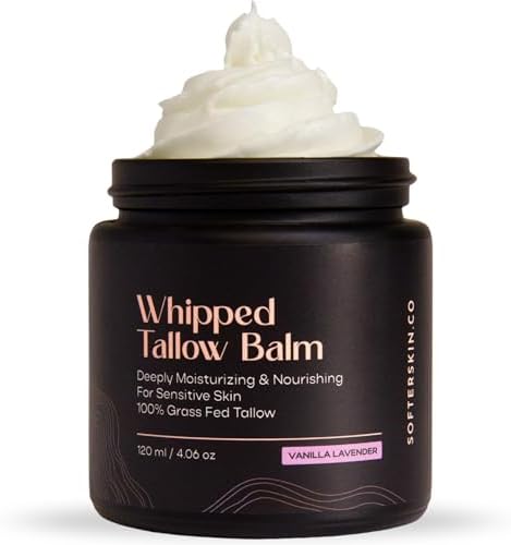 Beef Tallow for Skin (Vanilla Lavender 4 oz) - Whipped Tallow Balm for Face and Body - Natural Moisturizer for Sensitive Dry Skin - Handmade Body Butter - 100% Grass-Fed - Gentle Skincare
