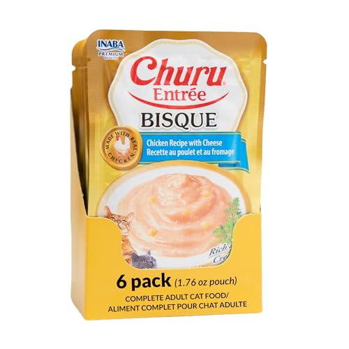 INABA Churu Entre Bisque for Cats Grain-Free High Moisture Prebiotic Wet Cat Food 1.76oz. per Pouch 6 Pouches Chicken with Cheese Recipe